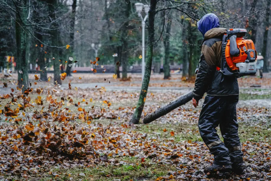 Radnik leđnim puhačem čisti lišće sa staze u parku